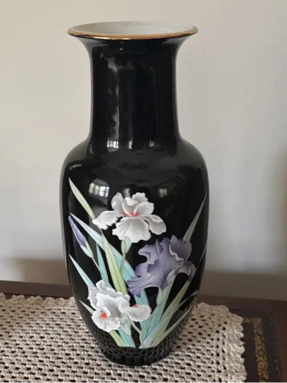 Black Floral Ceramic Vase with Purple and White Accents